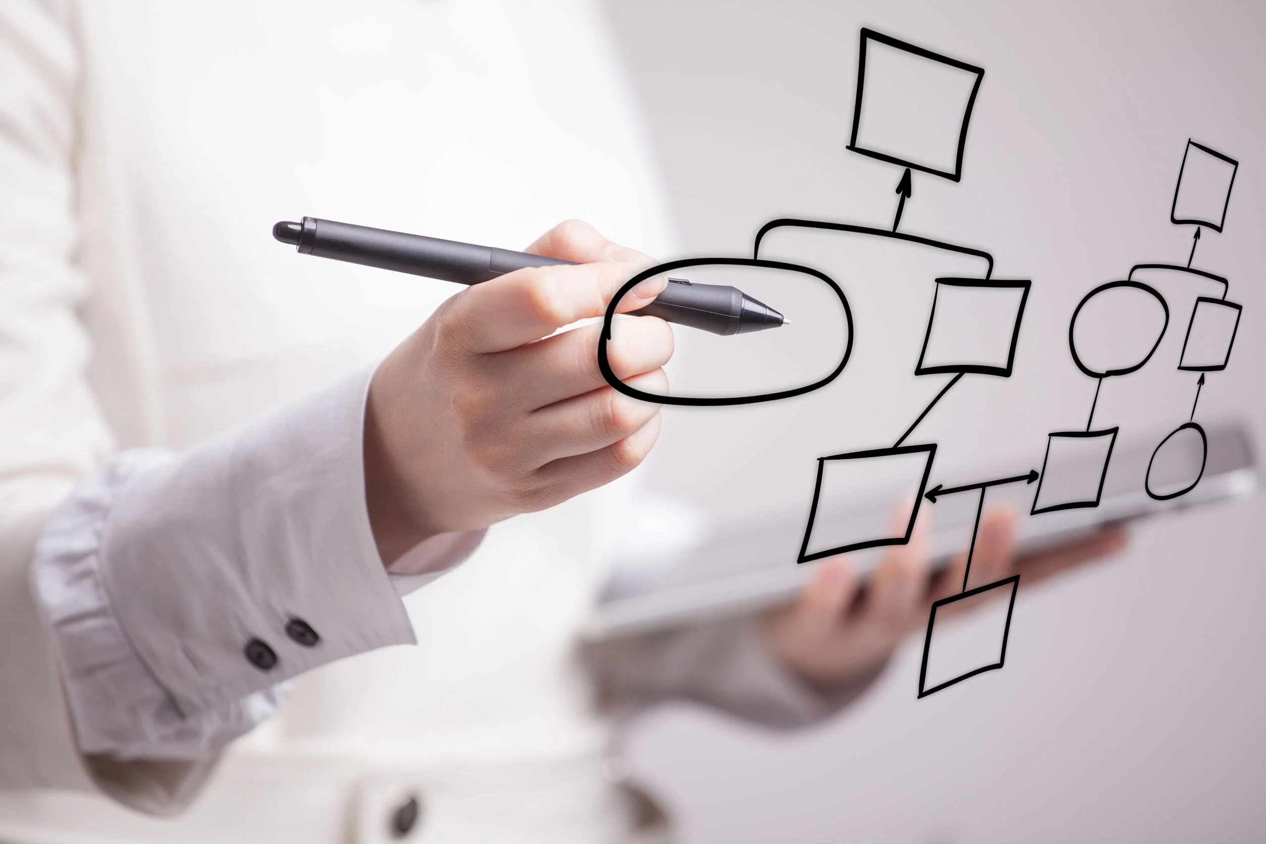 Person drawing a process flow diagram on a transparent board