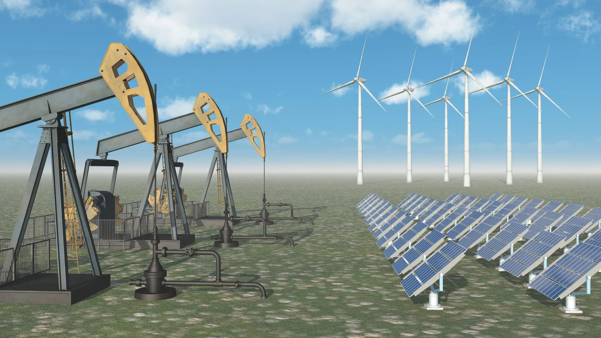 64602062 - oil industry versus renewable energy Oil pumps, wind turbines, and solar panels representing mixed energy sources